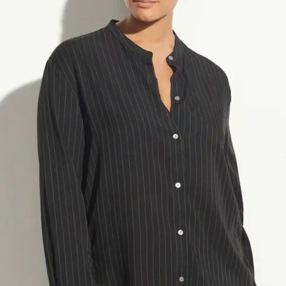 Vince - Pinstripe Band Collar Button-up Blouse In Black - Size Medium